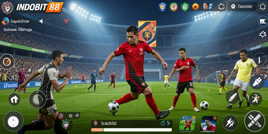 Tampilan gameplay INDOBIT88 dengan aksi sepak bola yang mendebarkan.