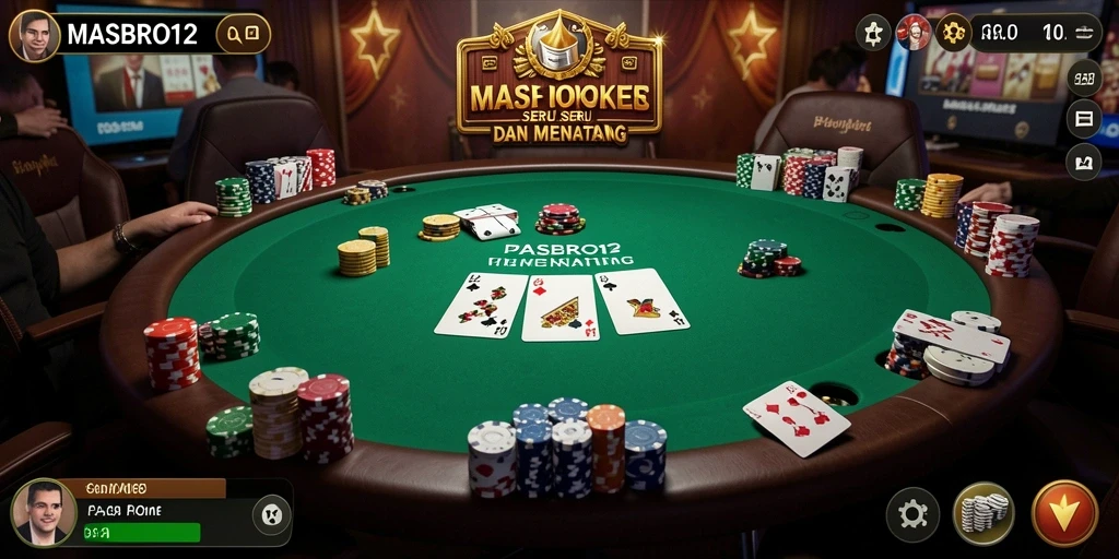 Screenshot utama MASBRO12 menampilkan aksi seru permainan poker.