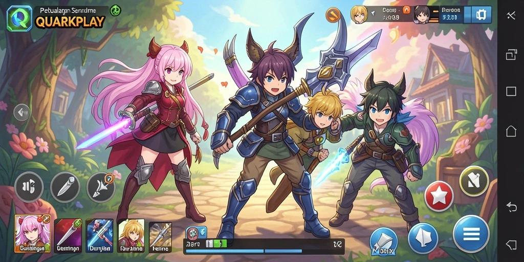 Tampilan gameplay QUARKPLAY dengan karakter anime sedang beraksi.