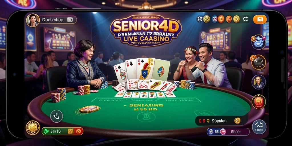 Screenshot gameplay SENIOR4D menunjukkan dealer profesional dan suasana kasino yang hidup.
