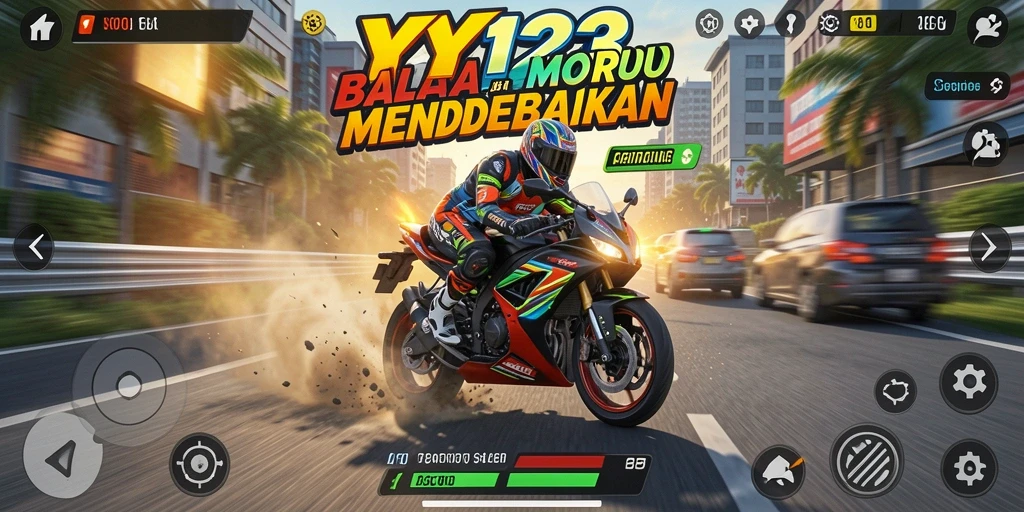 Gameplay YY123 dengan tampilan balapan motor yang mendebarkan.